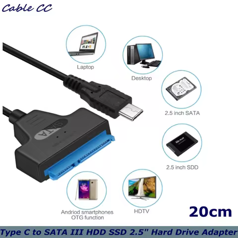 USB 3.1 Type C to SATA III HDD SSD 2.5" Hard Drive Adapter Cable 22-Pin for Samsung 870 EVO SATA III