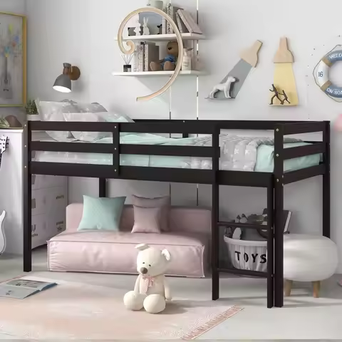 Loft Bed Frame with Ladder,Solid Wood Low Loft Twin Bed,Loft Bed Twin for Boys Girls