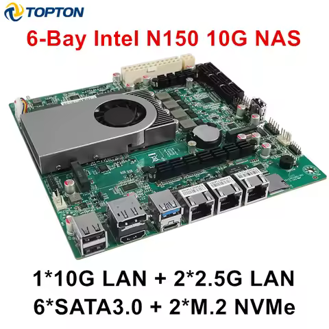 Topton 6-Bay NAS Motherboard Intel i3-N305 N150 1*10G 2*2.5G LANs 6*SATA3.0 2*NVMe 1*DDR5 Firewall I