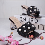 Guốc cao gót trong 7p quai dún ren đính châu lớn - Dép nữ cao gót trong G21