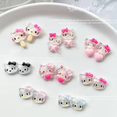 20pcs cat Nail Charms Cute 3d Cartoon Pink Heart Bow Cat Resin Nail Accessories Bling Kt Cat Nail Su