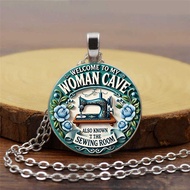 Foreign Cross-Border Trade Vintage Sewing Machine Themed 2D Flat Pattern Glass Pendant Necklace, Dir