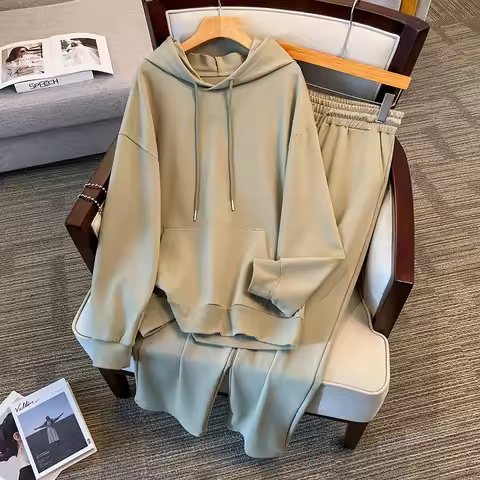 155Kg Plus Size Women's Bust 170 Spring Autumn Hoodie Long Pants Casual Set Black Green 4XL 5XL 6XL 
