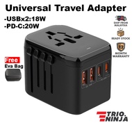 TrioNinja WORLDWIDE UNIVERSAL TRAVELER PLUG ADAPTER 6.3A 3 USB PORT 5V 2.4A TYPE-C PORT