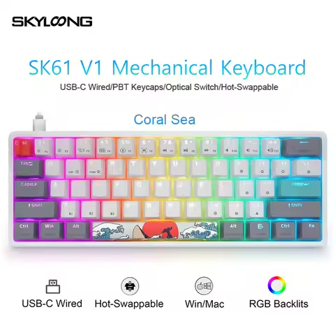 SKYLOONG SK61 wired keyboard optical switch hot-swappable translucent PBT keycaps 60% layout RGB bac