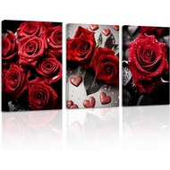 Red Rose Canvas Wall Art 3 Pieces Elegant Rose Flower Painting Prints Blooming Floral Picture Romant