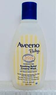 Aveeno Baby Soothing Relief Creamy Wash 天然燕麥保濕沐浴乳  Size: 354 ml 產品描述:    適合容易敏感/ 有濕疹皮膚的BB/小朋友/成人 天然燕麥提取物所制成的配方, 對於嬰兒的身體, 能提供温和的清洗。 不流淚配方,不含皂.低敏.舒緩異位性皮膚炎,濕疹破皮等. 可以每日替初生嬰兒和有敏感皮膚的嬰兒使用。