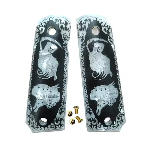 1911 Grips Full Size,White pearl with Grim Reaper,Fits Colt,Kimber,Springfield,Remington,Rock Island