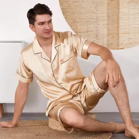 100% Mulberry Silk Pajamas Male Short Pants Short-sleeved Two-piece Suit Summer Autumn Spring Pajama