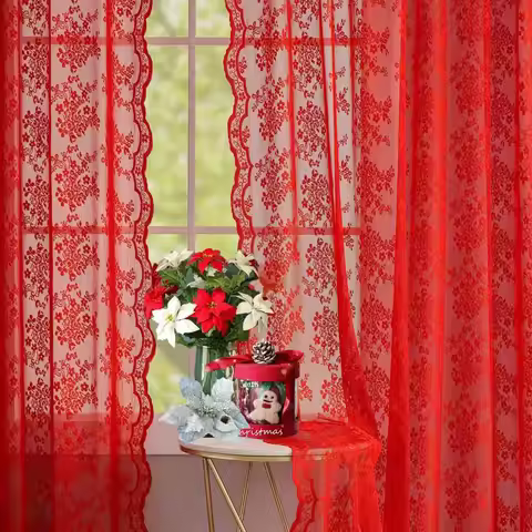 Red Lace Curtains 84 Inches Long for Living Room Bedroom, Scalloped Sheer Curtains Rose Floral Embro