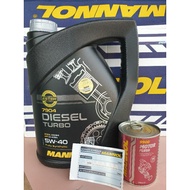 Mannol Diesel Turbo (5Liter) (Ada sticker hologram)+ (Free 1tin Engine Flush) =1Set 5w-40 Fully  Synthetic  Engine  Oil.