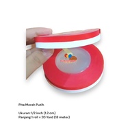 MERAH (1 ROLL = 18 METERS) RED AND WHITE RIBBON 1/2" (1.2 cm) INDONESIA AUGUSTUS RIBBON/ DECORATION 