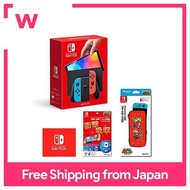 Nintendo Switch (OLED model) Joy-Con (L) Neon Blue / (R) Neon Red + OLED protective film for Nintendo Switch (OLED model) Multi-functional + Smart Pouch EVA for Nintendo Switch Super Mario (Nintendo Switch logo design m...