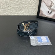 LV路易威登 棋盤格平滑扣雙面腰帶黑武士銀扣黑色老花 皮帶