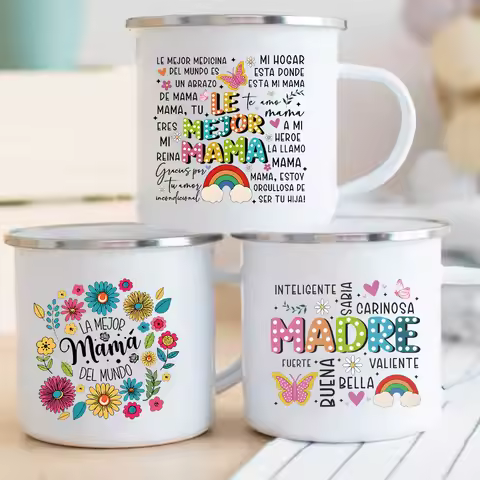 Intelligent Loving Brave Mother Spanish Print Enamel Coffee Mug Drinks Milk Cup Camping Mugs Birthda