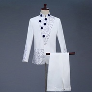 Men's Retro Zhongshan Suit Youth Chinese Style Dress White with Blue Diamonds, Men's Standing Collar