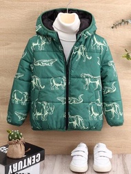 SHEIN 男小童舒服和卡通動物鱷魚豹紋犀牛印花拉鍊高領連帽羽絨服適用於秋天和冬天