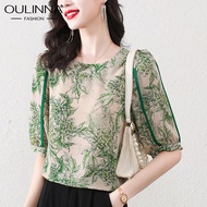 OULINNA Mulberry Silk เสื้อ2022ฤดูร้อนใหม่อารมณ์รอบคอบางและสบายพิมพ์ High-End เสื้อ