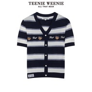 Teenie Weenie 2024 ฤดูร้อนใหม่ผู้หญิงเสื้อถักเสื้อยืดแขนสั้นVคอลายส่วนบุคคลสไตล์เสื้อสเวตเตอร์ถัก