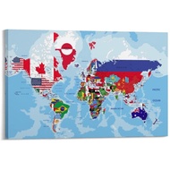 Political Map of The World with Country Flags Poster Decorative Painting Canvas Wall Art Room Poster