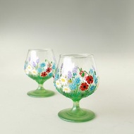 Brandy Whiskey Glasses Green Hand Painted Wildflowers set of 2