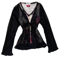 Lace Crinkle Front Ribbon Tie Longsleeves Fairycore Cardigan | Pointelle cardigan outer outwear oute