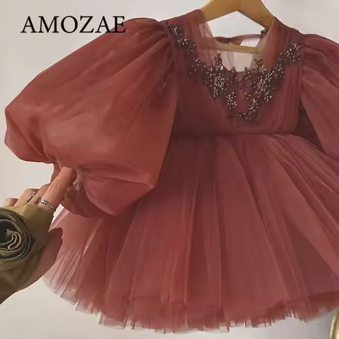 Long Sleeves Tulle Girl Party Dresses Elegant Fluffy Girl Princess Dress Children Lush Birthday Wedd