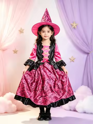 Kids Pink Witch Costume 2-Piece Dress Witch Hat Halloween Girls Fancy Dress Party Cosplay Outfit