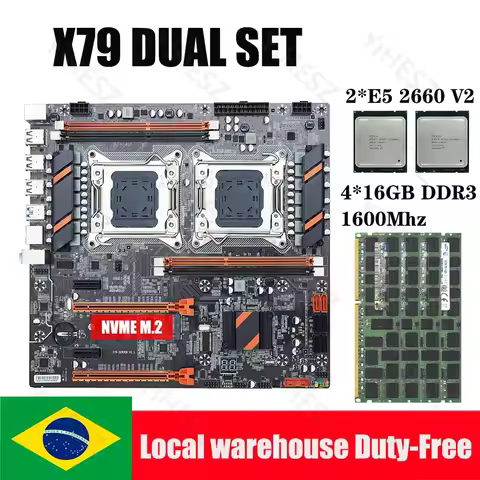 X79 Motherboard Dual CPU Set With 2*E5 2660V2 Processor LGA 2011 4*16GB=64GB 1600Mhz DDR3 RAM Suppor