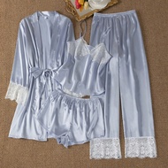 Bộ 4 Bộ Đồ Ngủ Nữ Bộ Pyjama-Áo Cami Phối Ren Màu Sắc Tương Phản, Quần Short, Quần Và Áo Choàng, Được