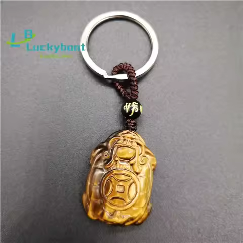 Natural Yellow Tiger eye KeyChain Carved Chinese Dragon Turtle KeyChain Lucky Amulet Bring Wealth Me