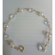 Gelang Tangan Original Swarovski Kristal AB Mix Mutiara Asli IkatEmas Suasa 14k Tulen