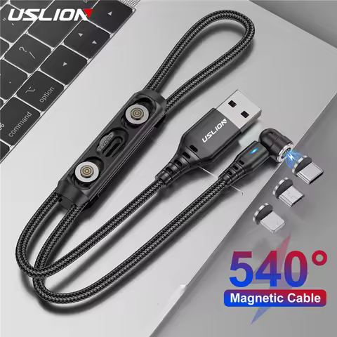USLION 3 in 1 540 Rotate 5A Magnetic Cable Fast Charging Micro USB Type C Cable Plug Storege Box Mag