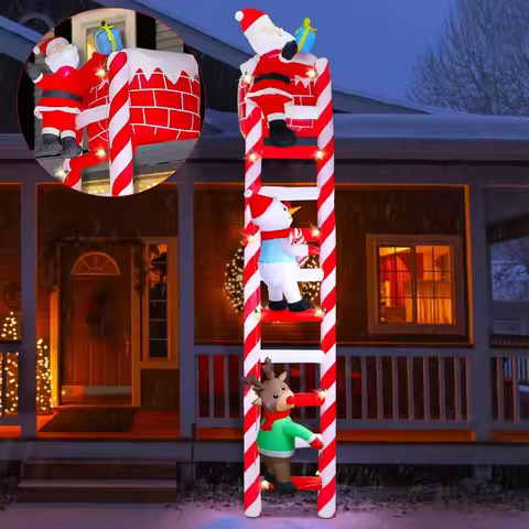 10FT Christmas Inflatable Decoration Giant Lighted Ladder to Chimney Climbed with Reindeer Santa Sno