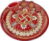 KDS Metal Diwali Hand Painted Pooja Aarti Thali Set - Made in India (Red)