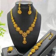 4pcs Floral Pendant Jewelry Set: Necklace, Bracelet, Ring, Earrings, Gold-Plated, Saudi Arabian, Eur
