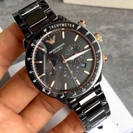 代購Armani阿瑪尼手錶 飛行員男錶 黑武士金針陶瓷石英錶 黑色陶瓷男錶 三眼計時日曆防水腕錶AR70002
