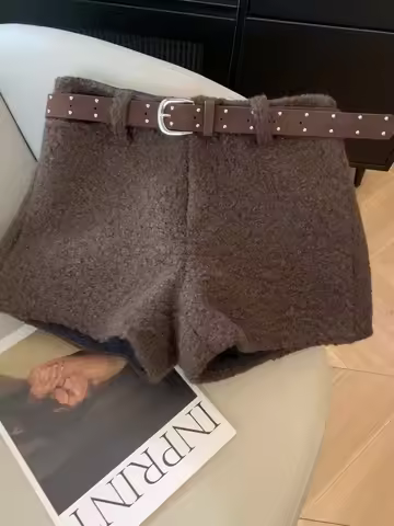 Women's Brown Mini Shorts Vintage Lamb Wool Micro Shorts 2000s Y2k Gyaru High Waist Hot Pants Shorts