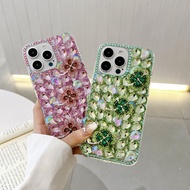 Casing iphone 4-Leaf Clover Full Rhinestone 2 In 1 Transparent Case iPhone 15 Pro 16 Pro Max 17
