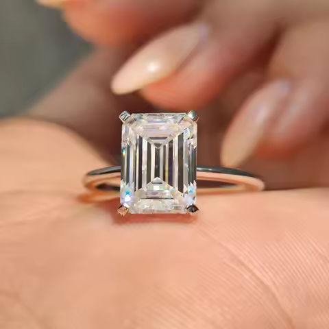 4CT 8x10mm Emerald‑Cut Solitaire Moissanite Engagement Ring for Women,GRA Certified,925 Sterling Sil
