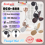 Ecoluxe 888 Wall Ceiling Corner Fan 18" Dual Mounting DC Motor 6 Speed Remote Control Powerful Wind 