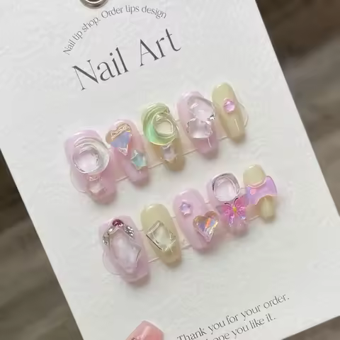 Handmade Pink Press on Nails Y2k Cute Short Star Decration Reusable Adhesive False Nails with Charm 