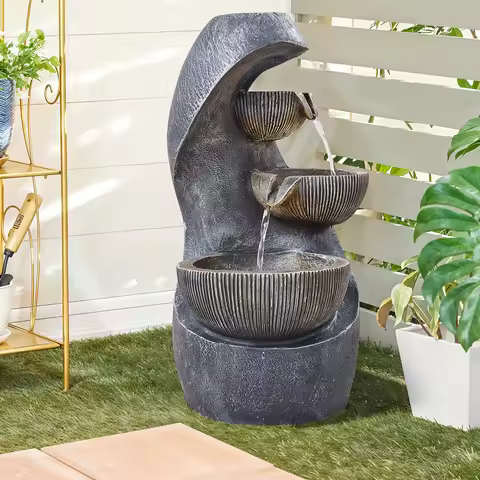 1pc Solar-Powered Cascading LED Flowing Water Bowl Fountain | Rustic Resin Stone-Effect Garden Ornam