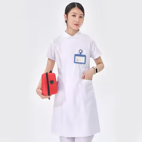 White Nurse Gown Women Medical Scrub Uniform Robe Short Sleeve Workwear Hospital Scrubs Dress Health