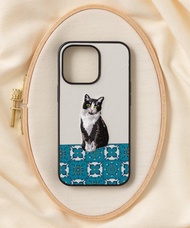 立體刺繡手機殼 iPhone 13 PRO PU合成皮革 貓咪x淺灰