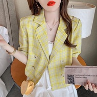 2022 Korean style loose short plaid blazer women's thin blazer2022韩版宽松短格子西装外套女薄款西装上衣 5.15