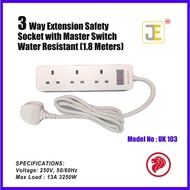 UK 3 Way Water Resistant Extension Safety Socket with Master Switch (1.8 Meter)