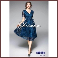 V Neck Lace Dress Short Sleeves Formal Dress Elegant Dress With Cloth Belt Below The Knee Dress