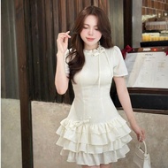 Gentle simple dress, ruffled dress with bow collar and tiered skirt 111(Z1) Min