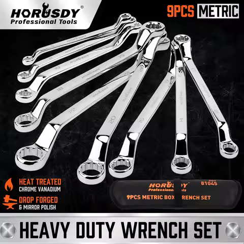 HORUSDY 9Pcs 75-Degree Offset Wrench Set Metric Double Box End Wrench Puch